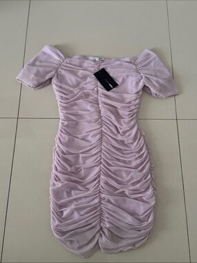 Fashion Nova Ruched Off-Shoulder Mini Dress in Lilac